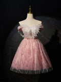 A-Line Tulle Lace Short Prom Dress, Pink Cocktail Dress HZ1024