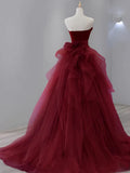 Tulle Velvet Burgundy Long Prom Dress, Burgundy Long Evening Dress HZ1024