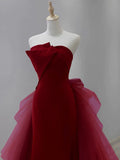 Tulle Velvet Burgundy Long Prom Dress, Burgundy Long Evening Dress HZ1024