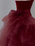Tulle Velvet Burgundy Long Prom Dress, Burgundy Long Evening Dress HZ1024