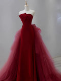 Tulle Velvet Burgundy Long Prom Dress, Burgundy Long Evening Dress HZ1024