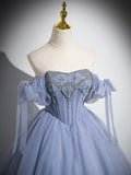 A-Line Tulle Beads Long Prom Dress, Blue Long Formal Dress HZ1024