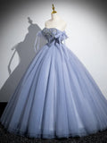 A-Line Tulle Beads Long Prom Dress, Blue Long Formal Dress HZ1024