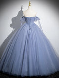 A-Line Tulle Beads Long Prom Dress, Blue Long Formal Dress HZ1024