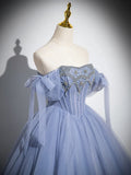 A-Line Tulle Beads Long Prom Dress, Blue Long Formal Dress HZ1024