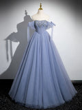 A-Line Tulle Beads Long Prom Dress, Blue Long Formal Dress HZ1024