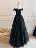 Off Shoulder Organza Dark Blue Long Prom Dress, Dark Blue Long Formal Dress HZ1024