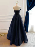 Off Shoulder Organza Dark Blue Long Prom Dress, Dark Blue Long Formal Dress HZ1024