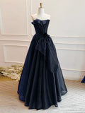 Off Shoulder Organza Dark Blue Long Prom Dress, Dark Blue Long Formal Dress HZ1024