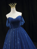 Off Shoulder Tulle Lace Dark Blue Long Prom Dress HZ1024