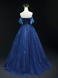 Off Shoulder Tulle Lace Dark Blue Long Prom Dress HZ1024