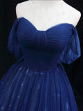 Off Shoulder Tulle Lace Dark Blue Long Prom Dress HZ1024
