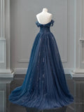 Off Shoulder Tulle Lace Dark Blue Long Prom Dress HZ1024