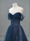 Off Shoulder Tulle Lace Dark Blue Long Prom Dress HZ1024