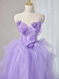 Sweetheart Neck Tulle Applique Long Prom Dress, Purple Long Sweet 16 Dress HZ1024