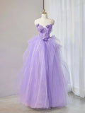 Sweetheart Neck Tulle Applique Long Prom Dress, Purple Long Sweet 16 Dress HZ1024