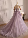 V Neck Tulle Beads Purple Long Prom Dress, Purple Long Formal Dress HZ1024