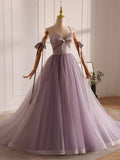V Neck Tulle Beads Purple Long Prom Dress, Purple Long Formal Dress HZ1024