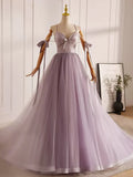 V Neck Tulle Beads Purple Long Prom Dress, Purple Long Formal Dress HZ1024