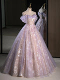 Sweetheart Neck Tulle Lace Purple Long Prom Dress, Purple Long Formal Dress HZ1024
