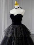 Sweetheart Neck Tulle Sequin Black Long Prom Dress, Black Formal Dress HZ1024