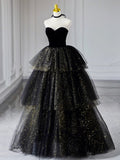 Sweetheart Neck Tulle Sequin Black Long Prom Dress, Black Formal Dress HZ1024