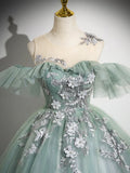 Off Shoulder Tulle Lace Green Long Prom Dress, Green Long Formal Dress HZ1024