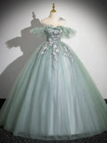 Off Shoulder Tulle Lace Green Long Prom Dress, Green Long Formal Dress HZ1024