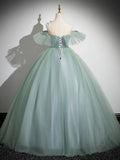Off Shoulder Tulle Lace Green Long Prom Dress, Green Long Formal Dress HZ1024