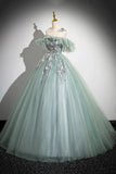 Off Shoulder Tulle Lace Green Long Prom Dress, Green Long Formal Dress HZ1024