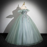 Off Shoulder Tulle Lace Green Long Prom Dress, Green Long Formal Dress HZ1024