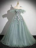 Off Shoulder Tulle Lace Green Long Prom Dress, Green Long Formal Dress HZ1024
