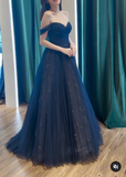 Off Shoulder Tulle Lace Dark Blue Long Prom Dress HZ1024