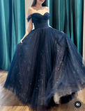 Off Shoulder Tulle Lace Dark Blue Long Prom Dress HZ1024