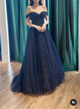 Off Shoulder Tulle Lace Dark Blue Long Prom Dress HZ1024