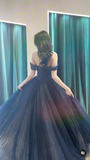 Off Shoulder Tulle Lace Dark Blue Long Prom Dress HZ1024