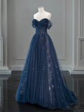 Off Shoulder Tulle Lace Dark Blue Long Prom Dress HZ1024