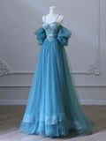 Sweetheart Neck Tulle Blue Long Prom Dress, Blue Long Formal Dress HZ1024