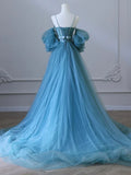 Sweetheart Neck Tulle Blue Long Prom Dress, Blue Long Formal Dress HZ1024