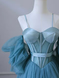 Sweetheart Neck Tulle Blue Long Prom Dress, Blue Long Formal Dress HZ1024