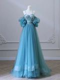 Sweetheart Neck Tulle Blue Long Prom Dress, Blue Long Formal Dress HZ1024