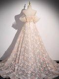 Off Shoulder Lace Tulle Long Prom Dress, Pink Long Formal Dress HZ1024