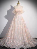 Off Shoulder Lace Tulle Long Prom Dress, Pink Long Formal Dress HZ1024