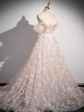 Off Shoulder Lace Tulle Long Prom Dress, Pink Long Formal Dress HZ1024