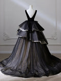V Neck Tulle Long Prom Dress, Black Long Evening Dress HZ1024
