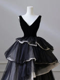 V Neck Tulle Long Prom Dress, Black Long Evening Dress HZ1024