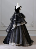 V Neck Tulle Long Prom Dress, Black Long Evening Dress HZ1024
