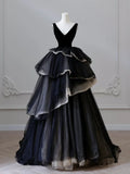 V Neck Tulle Long Prom Dress, Black Long Evening Dress HZ1024