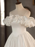 A-Line Tea Length Ivory Prom Dress, White Wedding Party Dress HZ1024
