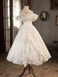 A-Line Tea Length Ivory Prom Dress, White Wedding Party Dress HZ1024